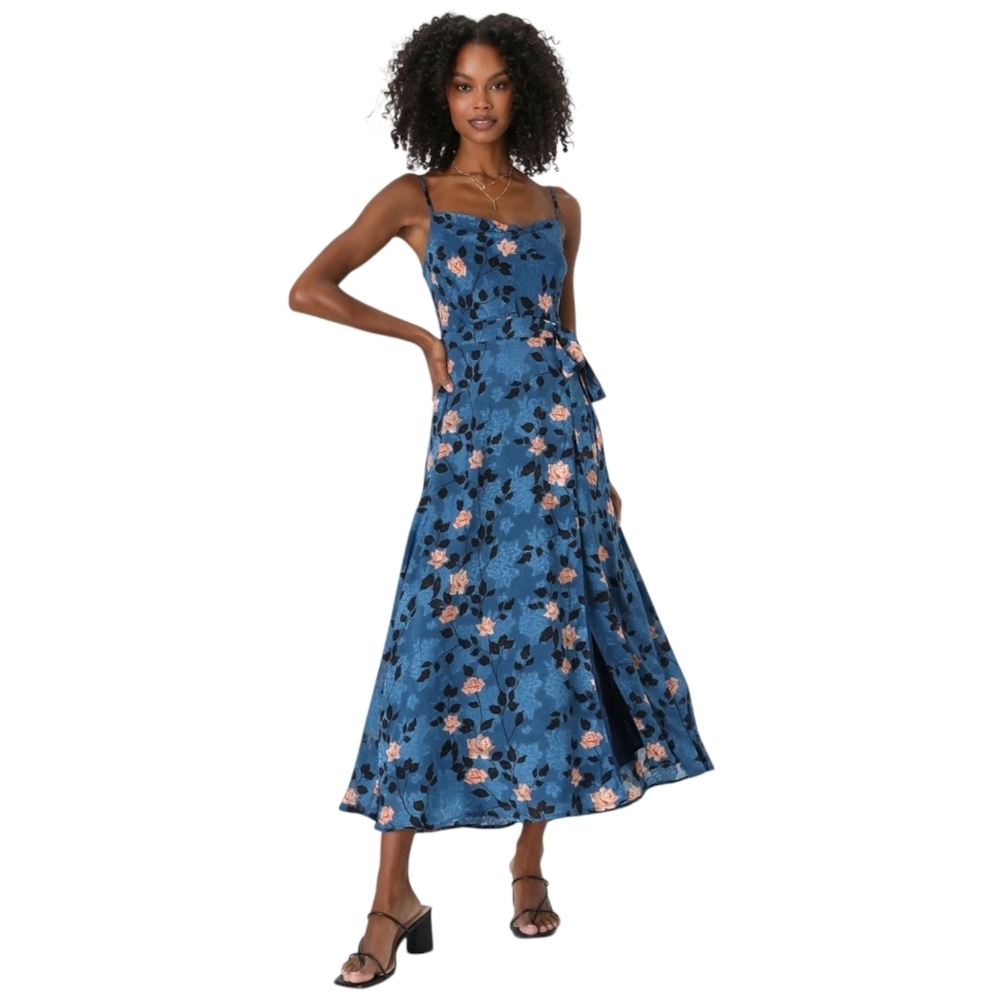 Lulu's Dramatic Darling Blue Floral Print Cowl Faux Wrap Maxi Dress